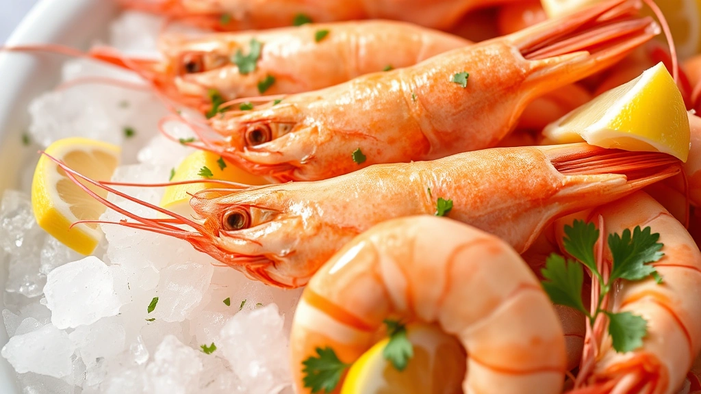 Close-up of fresh Gulf prawns with pink shells glistening, arranged on crushed ice with lemon wedges and fresh herbs, natural daylight