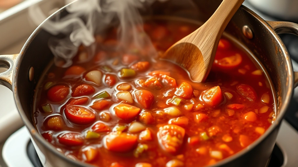 Simmering pot of deep reddish-brown creole sauce with visible tomatoes, onions, celery, and bell peppers, steam rising, wooden spoon stirring, warm kitchen lighting