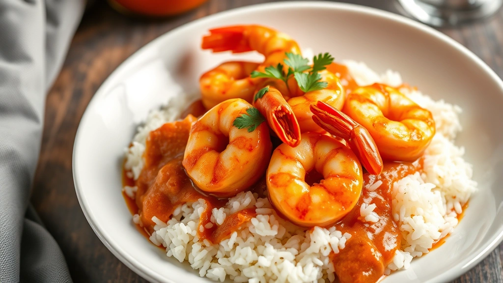 Beautiful plated prawn creole served over fluffy white rice in a white bowl, garnished with fresh parsley, creole sauce coating prawns, professional food photography