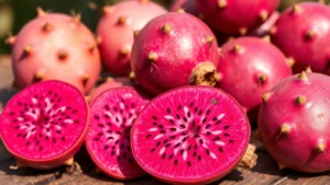 Close-up of fresh prickly pear fruits with deep magenta skin and natural texture, whole fruits arranged on rustic wooden surface, warm natural sunlight highlighting vibrant color