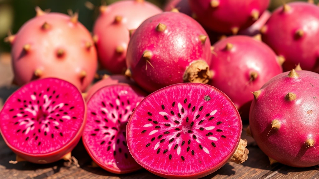 Close-up of fresh prickly pear fruits with deep magenta skin and natural texture, whole fruits arranged on rustic wooden surface, warm natural sunlight highlighting vibrant color
