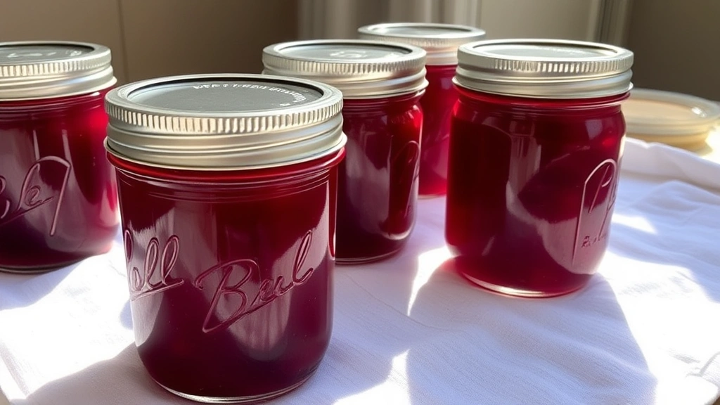 Glass jam jars filled with deep crimson prickly pear jam, sealed with metal lids, arranged on white cloth, morning light creating jewel-like glow through jars