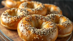 Golden-brown freshly baked protein bagels on a wooden board, steam rising, sesame and everything seasoning visible on top, close-up detail shot