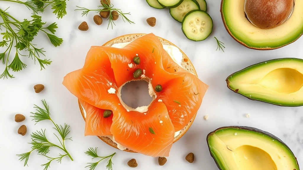 Overhead flat lay of protein bagel topping ingredients: smoked salmon, cream cheese, capers, cucumber slices, fresh dill, and avocado arranged artfully on white marble surface