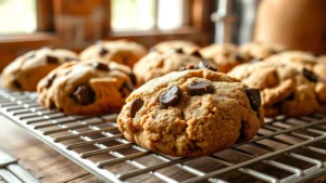 Close-up of golden-brown protein cookies cooling on a wire rack, with visible chocolate chips and walnut pieces, steam rising gently, natural daylight through kitchen window, rustic wooden table background