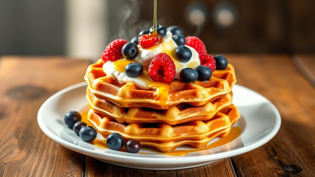 Golden-brown protein waffles stacked on white plate, topped with Greek yogurt and fresh mixed berries including blueberries and raspberries, drizzled with honey, soft natural lighting from above, rustic wooden table background, steam rising from warm waffles