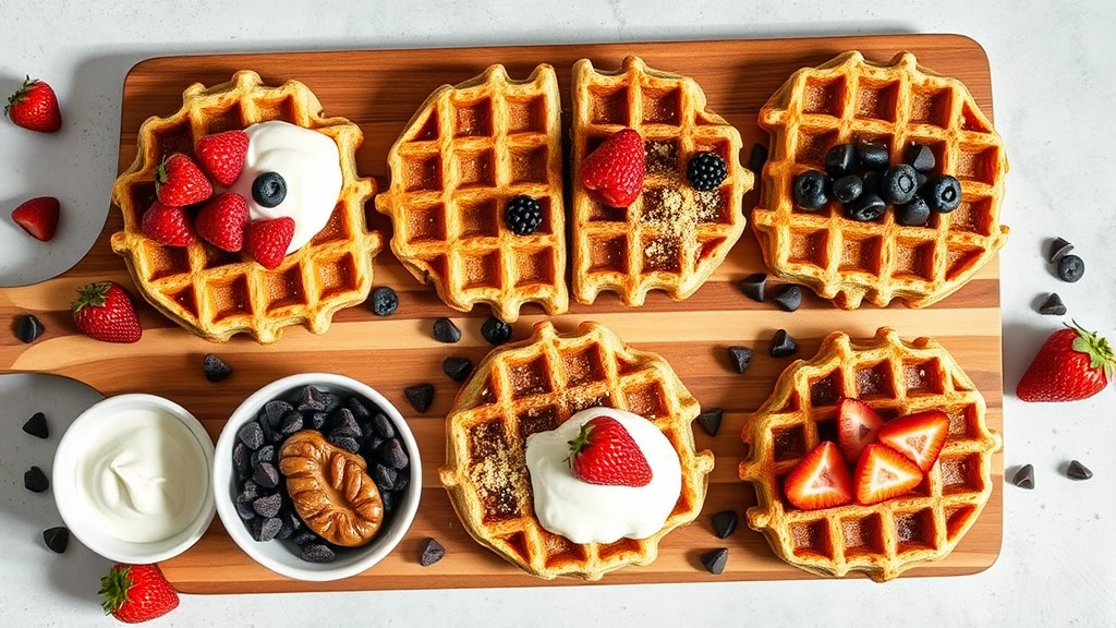 Overhead shot of four protein waffles on wooden board with multiple topping options arranged around them: small bowls of Greek yogurt, berries, nuts, almond butter, and dark chocolate chips, fresh fruit scattered, natural daylight, minimalist food styling