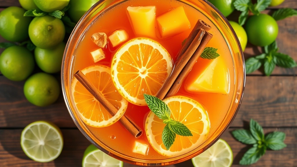 Overhead shot of vibrant tropical rum punch in a crystal punch bowl with floating citrus wheels, pineapple chunks, and cinnamon sticks, surrounded by fresh limes and mint sprigs on a wooden table, bright natural lighting