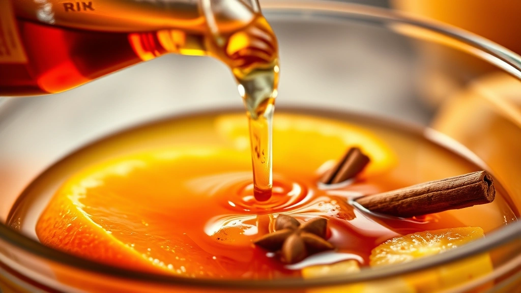 Close-up of pouring rum into a mixing bowl with fresh orange juice and pineapple juice, showing the beautiful amber and golden liquids blending together with whole spices like cinnamon sticks and nutmeg visible