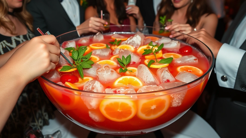 Elegantly styled punch bowl at a party with guests serving themselves, showing the layered colors of the punch with ice ring containing frozen citrus slices, garnished with fresh herbs and tropical fruit, soft evening lighting