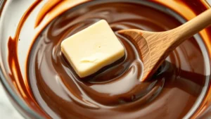 Close-up of melted chocolate and butter in a clear glass bowl with a wooden spoon, glossy and smooth texture, bright kitchen lighting