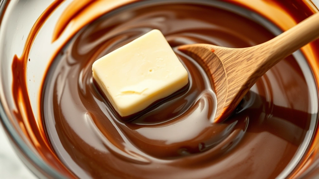 Close-up of melted chocolate and butter in a clear glass bowl with a wooden spoon, glossy and smooth texture, bright kitchen lighting