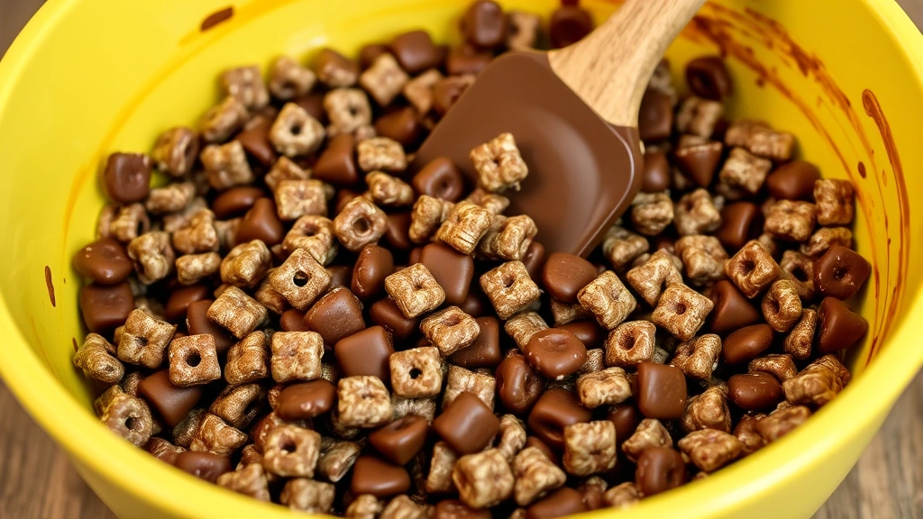 Large mixing bowl filled with chocolate-coated Rice Chex cereal pieces being tossed with a rubber spatula, chocolate glistening on each piece, mid-toss action shot