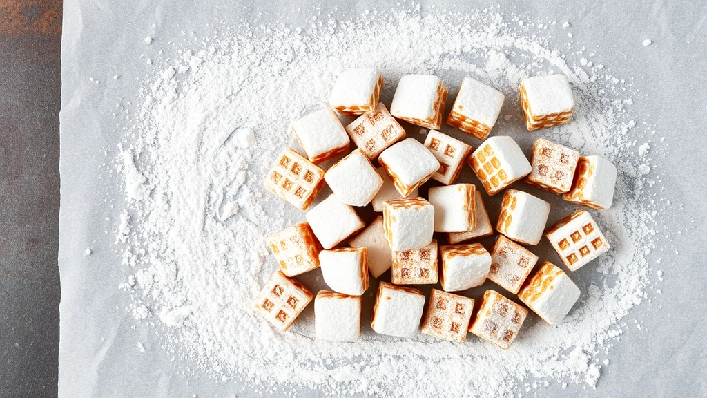 Finished puppy chow dusted in white powdered sugar spread on parchment paper cooling, crispy texture visible, some pieces clustered together naturally, overhead flat-lay view