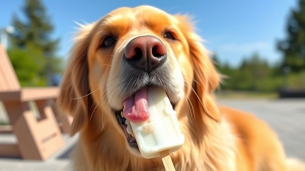 Golden Retriever happily licking a frozen pupsicle treat on a sunny summer day, melting slightly in bright daylight