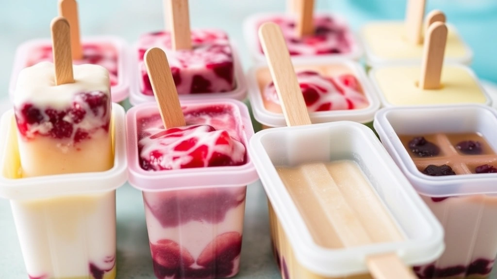 Multiple colorful frozen pupsicles arranged in silicone molds, featuring layers of different ingredients like yogurt, berries, and broth