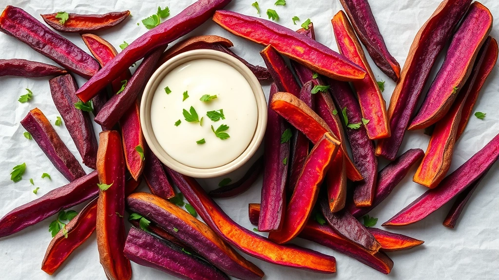 Overhead shot of vibrant purple sweet potato fries arranged on white parchment paper with crispy golden-brown edges, fresh herbs sprinkled on top, and a small bowl of creamy white dipping sauce beside them