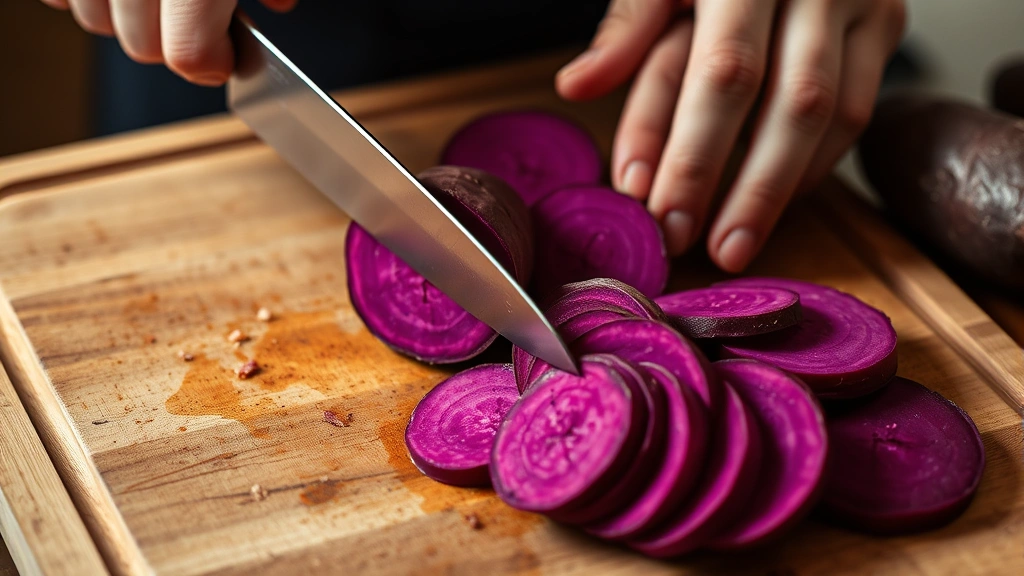 Close-up of hands cutting purple sweet potatoes lengthwise on a wooden cutting board with a sharp chef's knife, showing the bright purple flesh and thin uniform slices