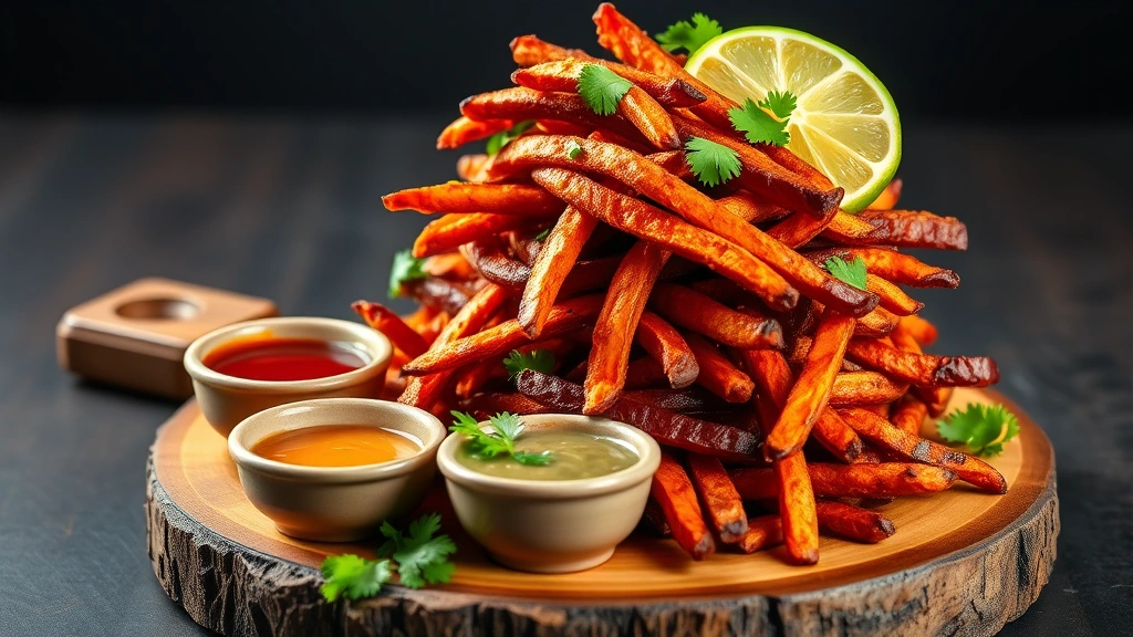 Golden-brown crispy purple sweet potato fries piled high on a rustic wooden board with fresh lime wedges, cilantro garnish, and three different dipping sauces in small ceramic bowls, warm studio lighting
