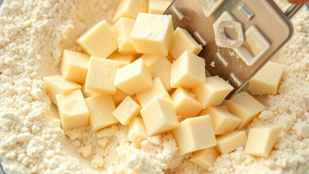 Close-up of cold butter cubes being cut into flour mixture with a pastry cutter, showing distinct pea-sized pieces of butter throughout the dry ingredients