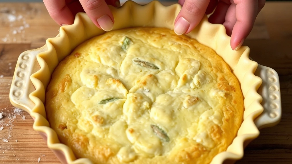 Hands gently crimping edges of a golden-brown partially blind-baked quiche crust in a ceramic pie dish, showing flaky texture detail