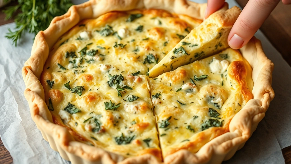 Finished quiche with herbs and cheese filling being sliced, revealing perfectly flaky, golden-brown crust layers separating cleanly