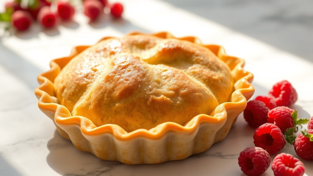 Close-up of golden, flaky homemade pie crust with crimped edges, fresh red raspberries scattered nearby on white marble surface, natural morning light streaming across