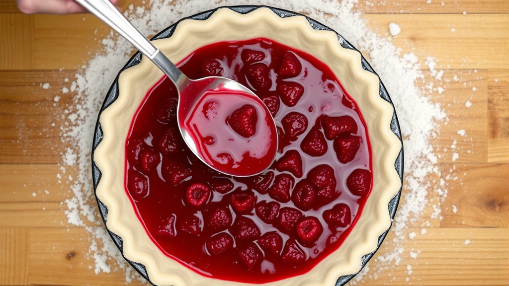 Overhead shot of ruby-red raspberry pie filling being spooned into blind-baked crust, filling glossy and jewel-toned, pie dish on wooden work surface with flour dusted around