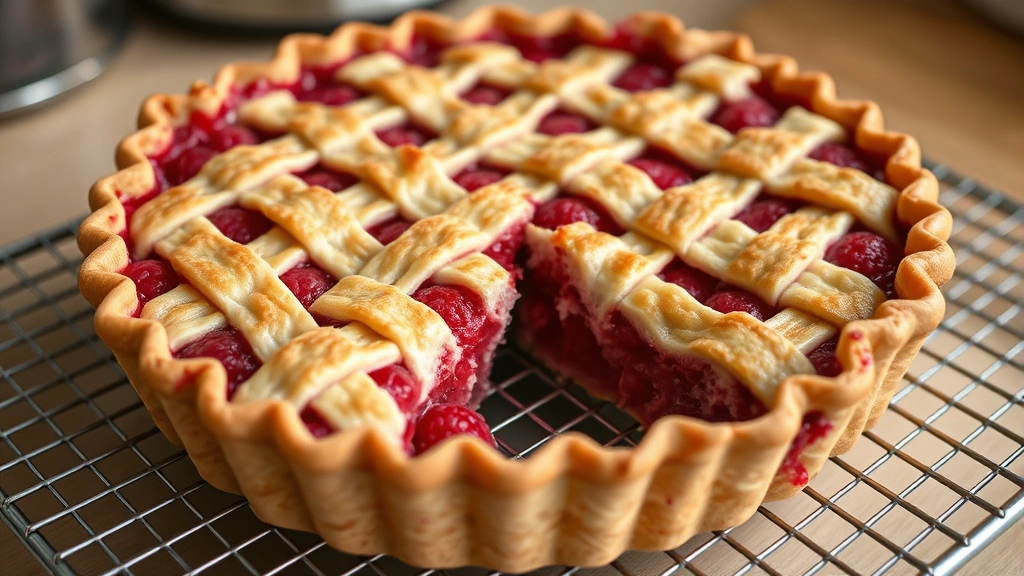 Freshly baked raspberry pie cooling on wire rack with deep golden-brown lattice crust, filling bubbling slightly at edges, steam rising, afternoon kitchen light, slice removed showing set filling