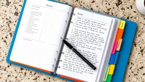 Overhead shot of an open recipe binder with colorful divider tabs, sheet protectors containing handwritten recipe cards, and a pen resting on the page, kitchen counter background