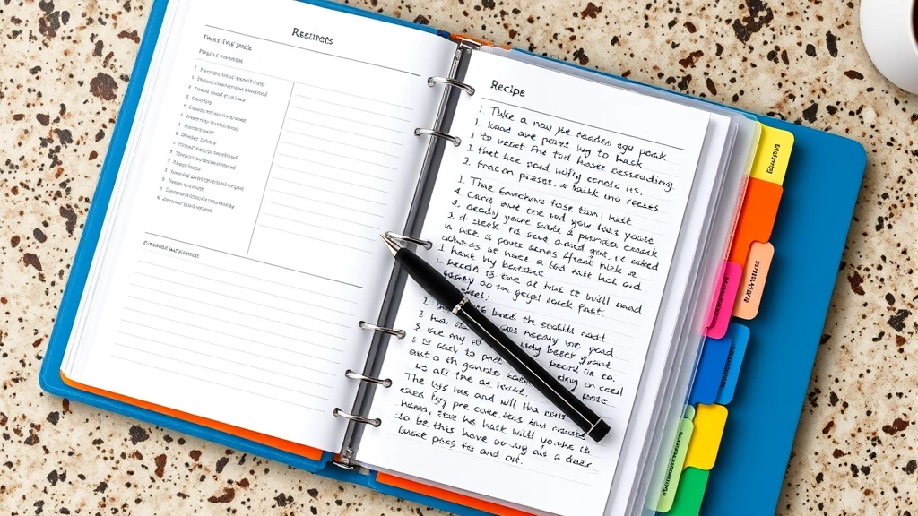 Overhead shot of an open recipe binder with colorful divider tabs, sheet protectors containing handwritten recipe cards, and a pen resting on the page, kitchen counter background
