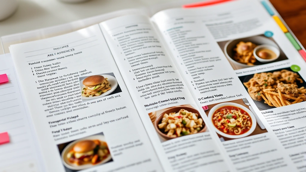 Close-up of organized recipe pages in sheet protectors showing typed recipes with photos of finished dishes, colorful sticky tabs marking favorites, natural kitchen lighting