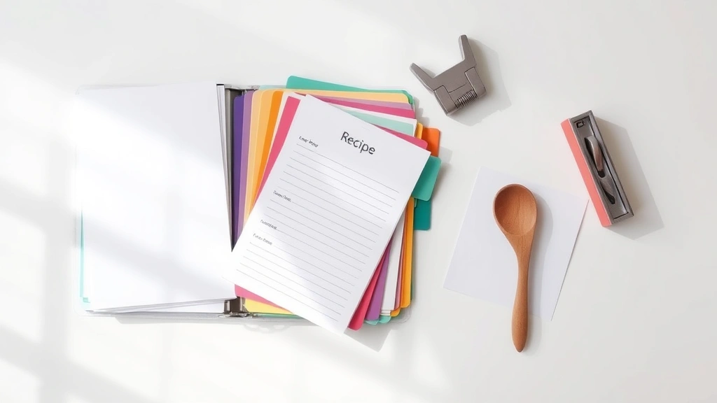 Flat lay of recipe binder organization supplies including blank recipe cards, colored divider tabs, hole punch, and a wooden spoon on white surface with soft shadows