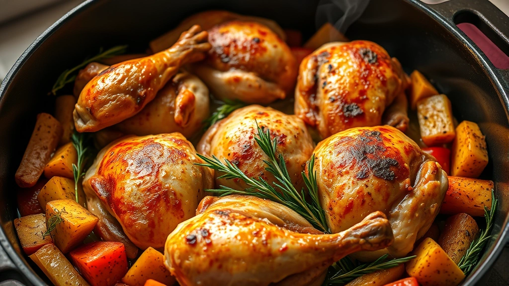 Golden-brown chicken pieces with crispy skin arranged in a Dutch oven surrounded by colorful root vegetables and fresh herbs, steam rising from the pot, warm kitchen lighting