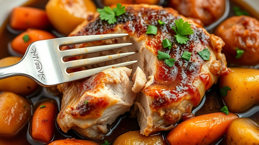 Close-up of perfectly braised chicken thigh falling apart with a fork, surrounded by tender carrots and potatoes in glossy brown sauce, garnished with fresh parsley