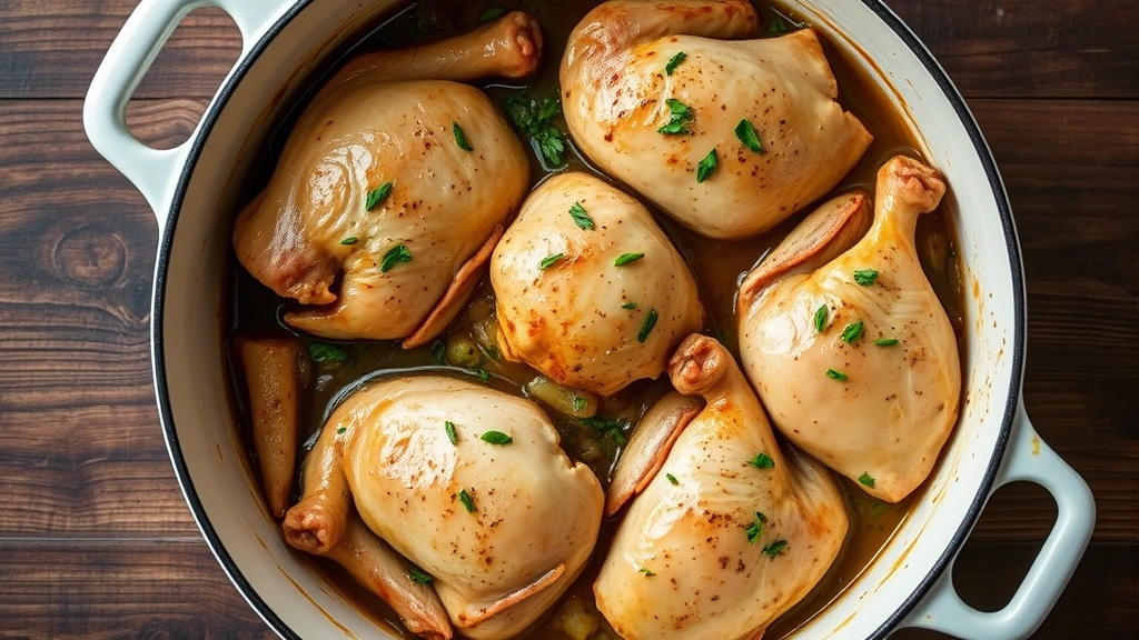 Overhead view of finished Dutch oven chicken dish in a white ceramic Dutch oven, showing multiple chicken pieces nestled with vegetables, sauce glistening, fresh herbs scattered on top
