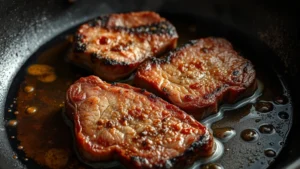 Sizzling beef sirloin slices browning in a hot skillet with oil, creating golden-brown crust, close-up of meat surface with charred edges