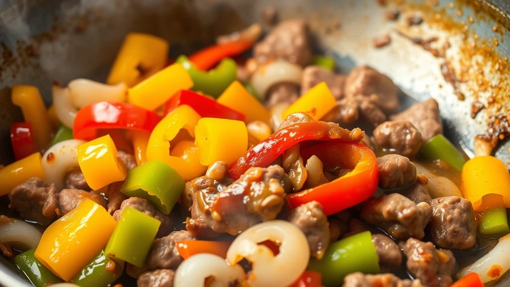 Colorful bell peppers and onions stir-frying in a wok with beef, glossy brown sauce coating ingredients, steam rising, vibrant red yellow green peppers visible