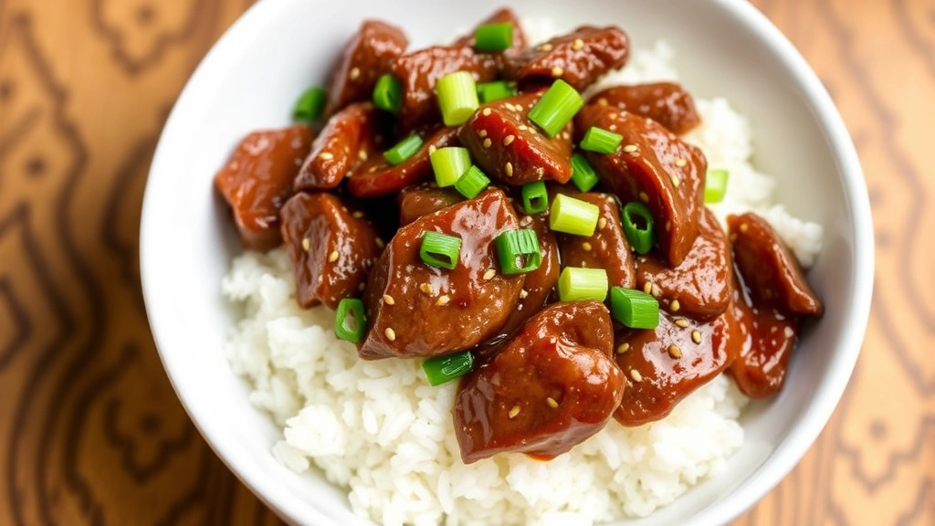 Finished pepper steak dish served over white rice in a white bowl, garnished with green onions and sesame seeds, glossy sauce visible, appetizing presentation