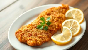Perfectly golden-brown breaded veal schnitzel on white plate with fresh lemon wedges and parsley garnish, professional restaurant plating