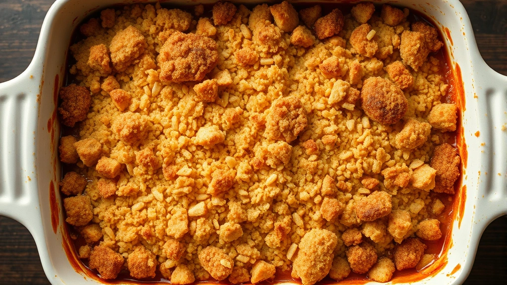 Overhead view of golden-brown baked casserole in ceramic dish with breadcrumb topping, steam rising, edges bubbling with savory sauce visible