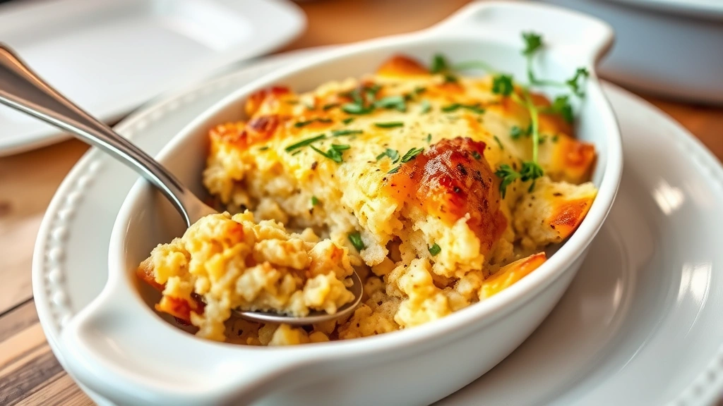 Finished casserole plated on white ceramic dish with serving spoon, showing texture and consistency, fresh herbs garnish, warm kitchen lighting