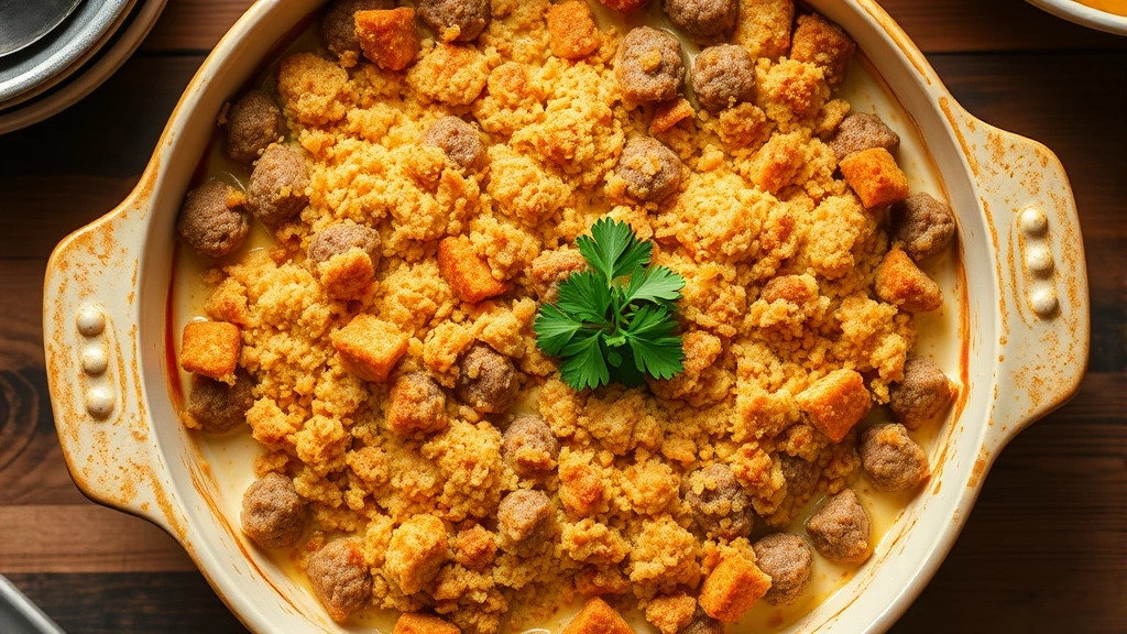 Overhead shot of finished hamburger casserole in ceramic baking dish, golden breadcrumb topping bubbling, creamy sauce visible at edges, garnished with fresh parsley, warm kitchen lighting