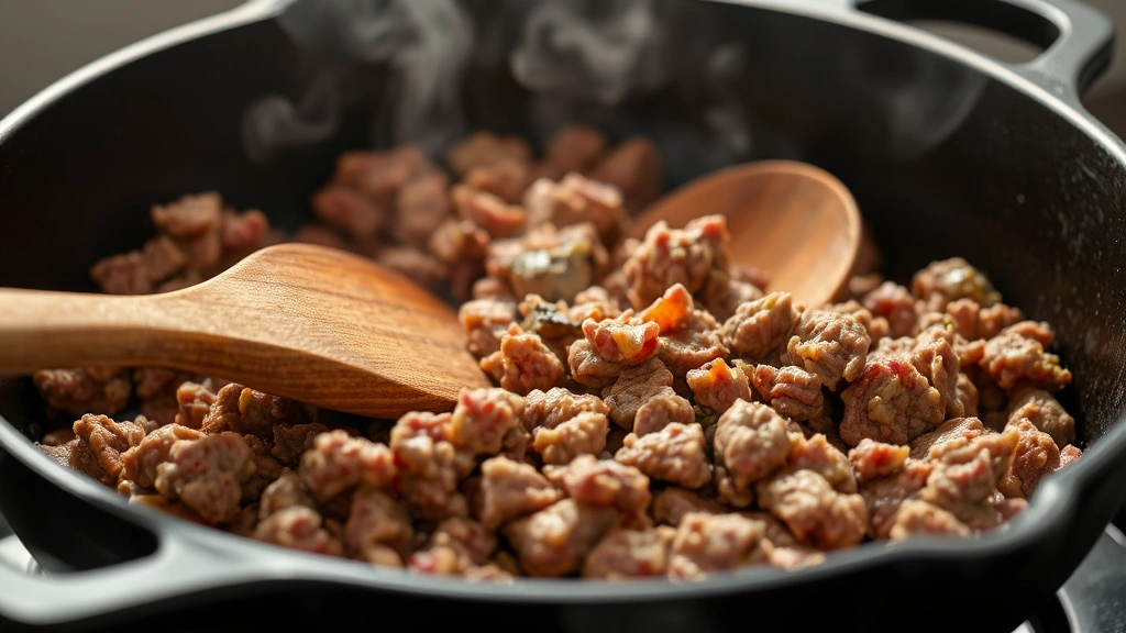 Close-up of ground beef browning in cast iron skillet over medium-high heat, meat partially cooked with visible browning, steam rising, wooden spoon breaking up meat