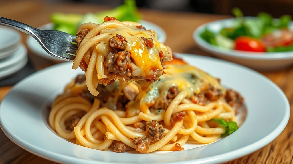 Finished hamburger casserole plated on white ceramic dish, creamy noodles with melted cheese, fork lifting portion showing layers, side salad blurred in background, warm overhead lighting