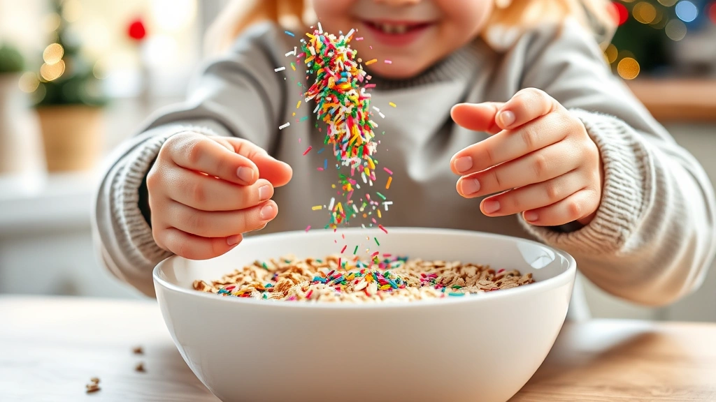 Children's hands sprinkling colorful edible glitter and rainbow sprinkles into a white bowl filled with rolled oats, festive Christmas decorations visible in background, natural daylight from kitchen window