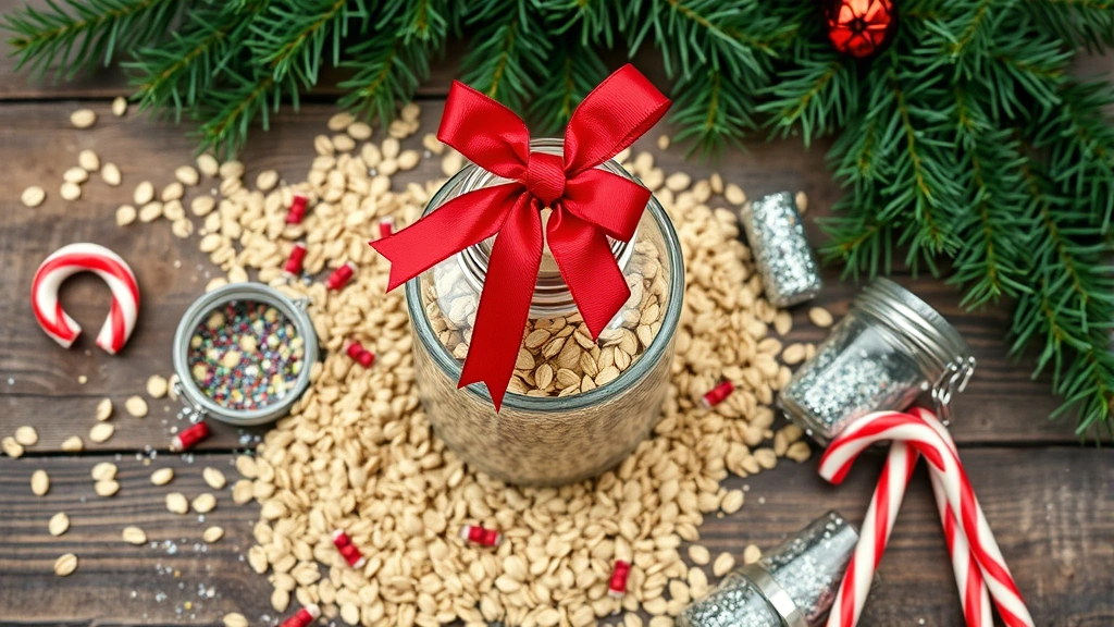 Overhead flat lay of finished reindeer food in a clear glass jar with red ribbon bow, surrounded by scattered oats, candy canes, and edible glitter on a rustic wooden table with Christmas greenery