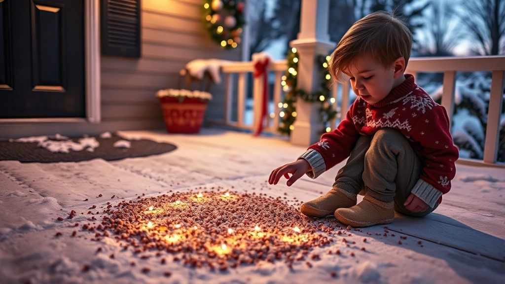 Young child in holiday sweater carefully spreading sparkly reindeer food in a circular pattern on snowy front porch at dusk, warm porch light glowing, magical winter evening atmosphere