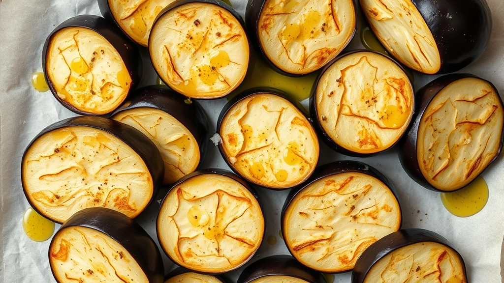 Close-up overhead view of raw eggplant slices arranged on parchment paper, lightly brushed with golden olive oil and seasoned with sea salt and black pepper, natural kitchen lighting