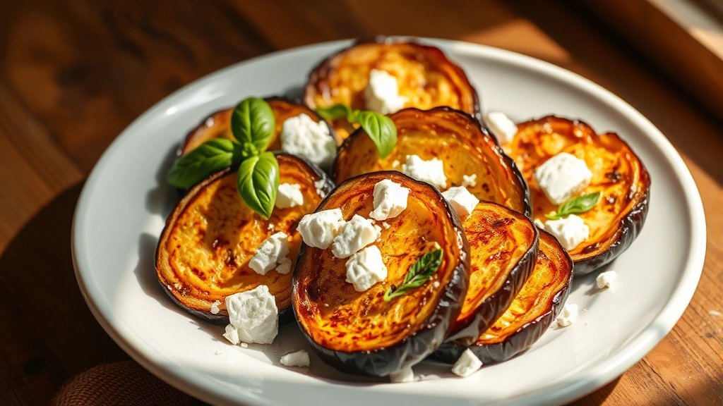 Golden-brown roasted eggplant slices fresh from the oven on a white ceramic plate, showing caramelized edges and creamy interior, garnished with fresh basil and crumbled white feta cheese, warm natural light